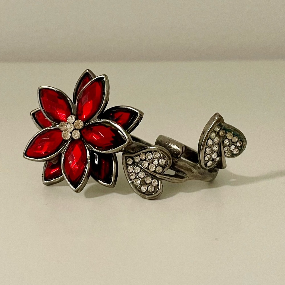 Ornate Rhinestone Flower Rose Leaves Double Finger Ring